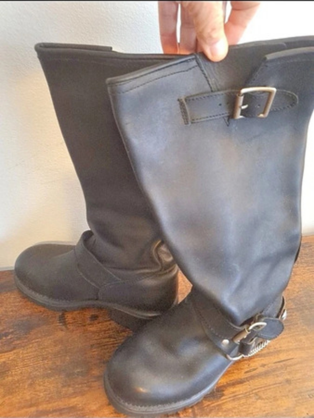 Black Mid-Calf Pull-On Biker Boots Buckle Chain Round Toe Men's 6.5/ Women's 8.5